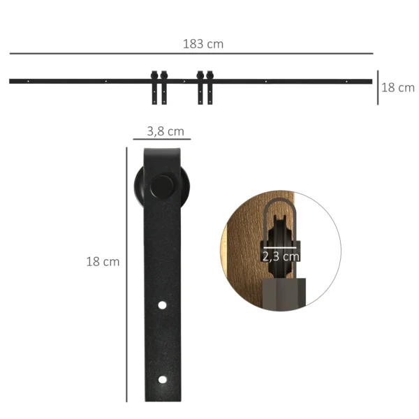 Schuifdeursysteem voor dubbele houten deuren, looprail met accessoires van koolstofstaal, zwart, 183x0,6x18cm, voor moderne interieurinrichting 4
