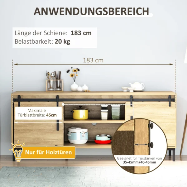 Schuifdeursysteem voor dubbele houten deuren, looprail met accessoires van koolstofstaal, zwart, 183x0,6x18cm, voor moderne interieurinrichting 5