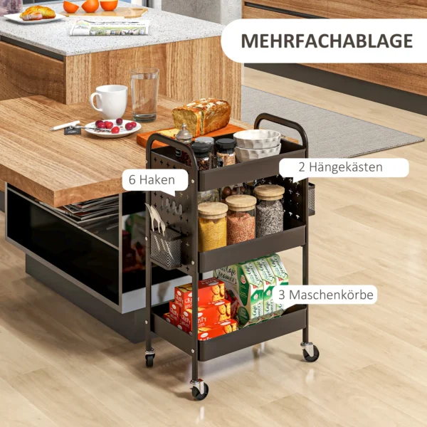 Serveerwagen met 3 lagen & 2 hangmanden, keukenwagen met handvat, zwart staal voor keuken & eetkamer 5