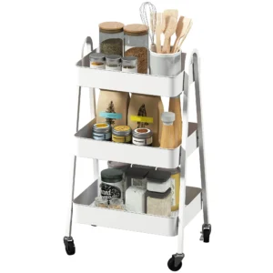 Serveerwagen met 3 niveaus keukenwagen met wielen handvat rolwagen met rem keukenrek keukenrolwagen multifunctionele wagen voor keuken, kantoor, badkamer, wit 1