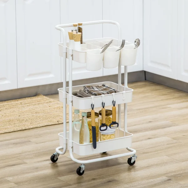 Serveerwagen rolwagen met 3 verdiepingen, haken, opbergmanden, opbergwagen, bijzettafel voor keuken, woonkamer, staal, wit 2