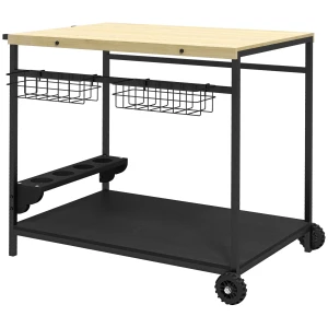 Serveerwagen tuinrolwagen met 2 niveaus barbecue trolley met opbergmand en bekerhouder van spar voor grillfeesten & keuken 1