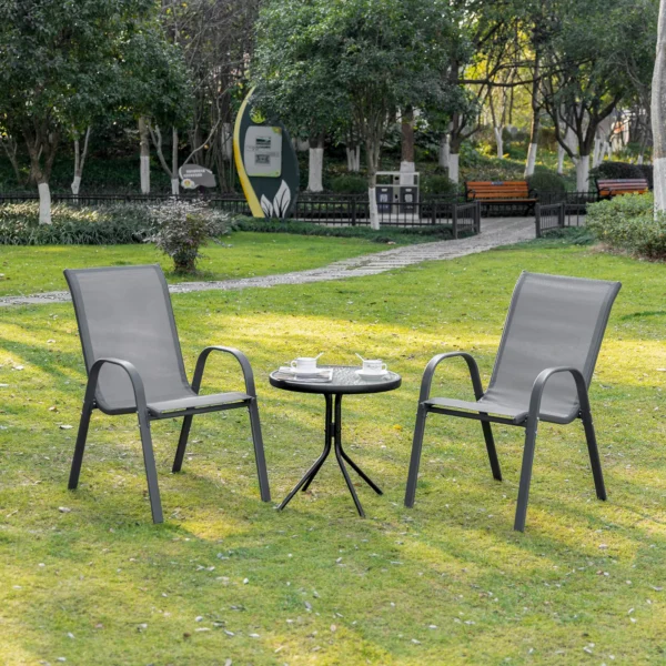 Set van 2 tuinstoelen stapelstoel met armleuning metaal mesh stof grijs 70x54x90cm voor terras en tuinmeubilair 2