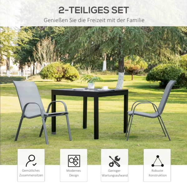 Set van 2 tuinstoelen stapelstoel met armleuning metaal mesh stof grijs 70x54x90cm voor terras en tuinmeubilair 5