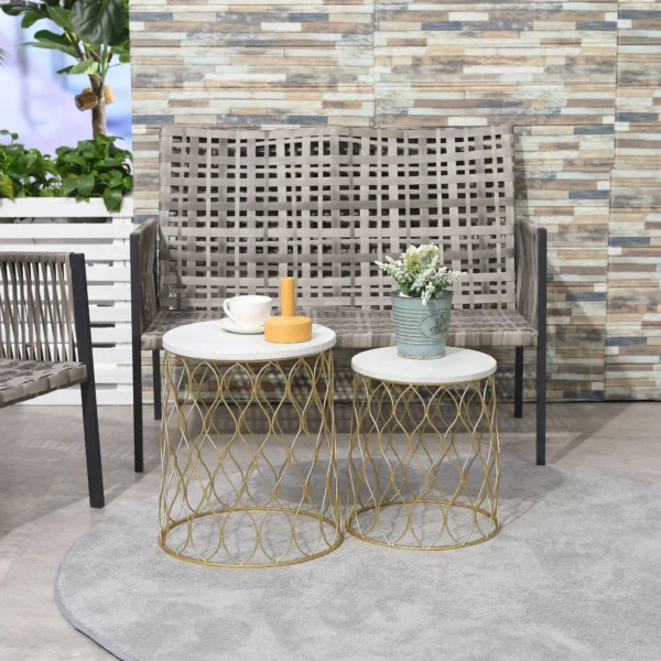 Set van 2 tuintafels bijzettafels retro draadmand ontwerp metalen mand tuin set tafel outdoor Ø41x46cm in goud en wit 2