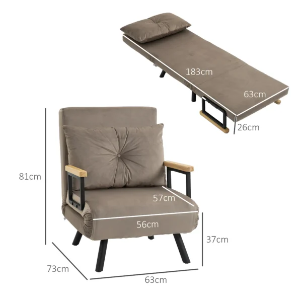 Slaapstoel met bedfunctie, 63 x 73 x 81 cm, met vijfvoudig verstelbare rugleuning, ruimtebesparend, robuust, fluweel look, lichtbruin 4