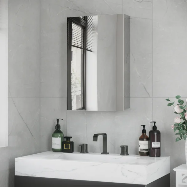 Spiegelkast, badkamerkast met 3 niveaus, medicijnkast voor badkamer, slaapkamer, roestvrij staal, zilver, 39 x 12 x 60 cm 2