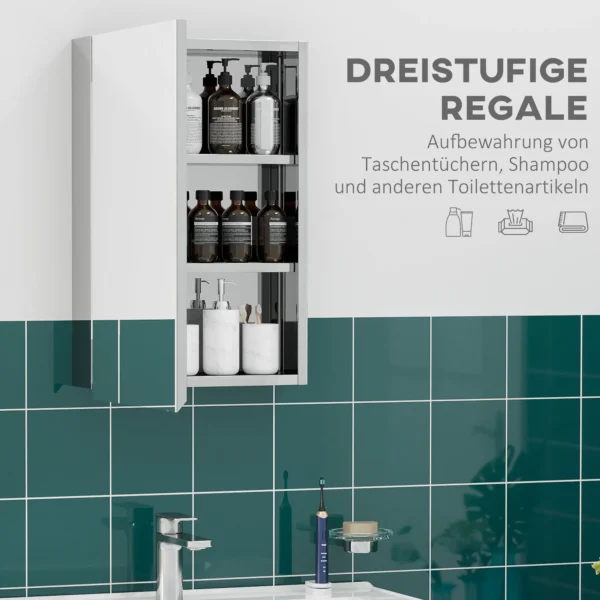 Spiegelkast, badkamerkast met 3 niveaus, medicijnkast voor badkamer, slaapkamer, roestvrij staal, zilver, 39 x 12 x 60 cm 5
