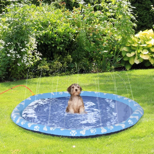Splash sproeier pad 150 cm waterspel mat voor honden, anti slip spuit watersproeier outdoor pvc blauw 2