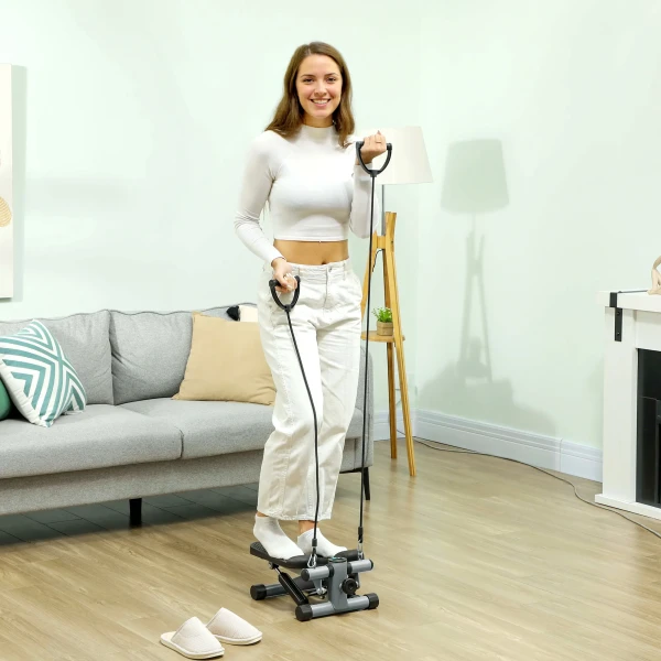 Sportnow 2 in 1 mini stepper voor thuis met power ropes, up down swing stepper met lcd display, stepper hometrainer tot 100 kg voor been /armtraining, thuis kantoor fitness oefening, grijs 2