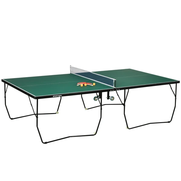 Sportnow indoor tafeltennistafel met wielen, opvouwbare tafeltennistafel, tafeltennisset met 2 tafeltennisbatjes, 3 ballen, staal, groen 1