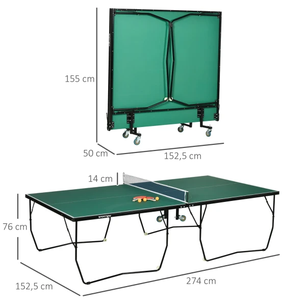 Sportnow indoor tafeltennistafel met wielen, opvouwbare tafeltennistafel, tafeltennisset met 2 tafeltennisbatjes, 3 ballen, staal, groen 4