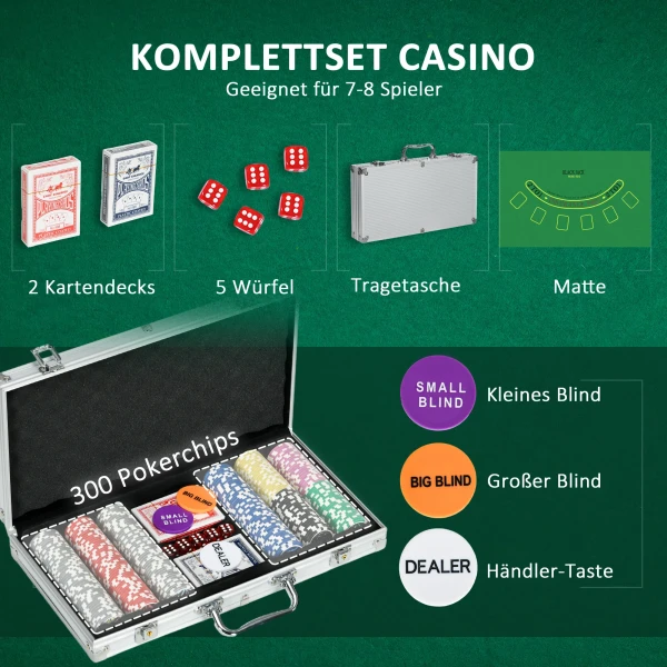 Sportnow pokerkoffer set 300 chips 11,5g compleet pokerset met slot 2 decks 5 dobbelstenen dealer blind buttons in zilver 5