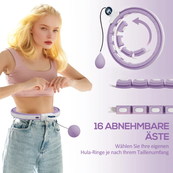 Sportnow slimme hula hoop reifen voor volwassenen met gewicht bal teller 16 knopen (76 113cm) verstelbare fitness stille afslank apparatuur infinity hula hoop voor gewichtsverlies, fitness paars 6