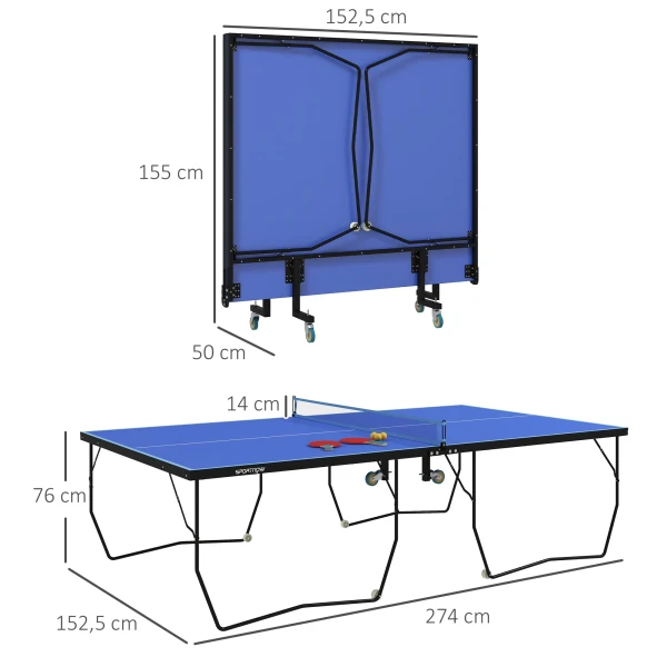 Sportnow tafeltennistafel, opvouwbare tafeltennistafel met net, wielen, 2 tafeltennisbatjes en 3 ballen, staal, blauw, 274 x 152,5 x 76 cm 4