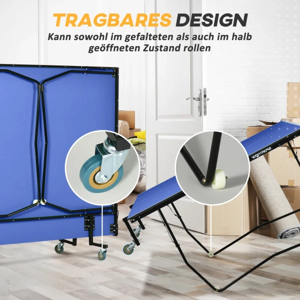 Sportnow tafeltennistafel, opvouwbare tafeltennistafel met net, wielen, 2 tafeltennisbatjes en 3 ballen, staal, blauw, 274 x 152,5 x 76 cm 6