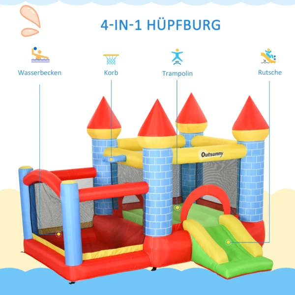 Springkasteel met glijbaan en zwembad, opblaasbaar speelkasteel voor 3 kinderen, oxford & polyester stof, rood blauw groen, voor kinderen 3 8 jaar 8
