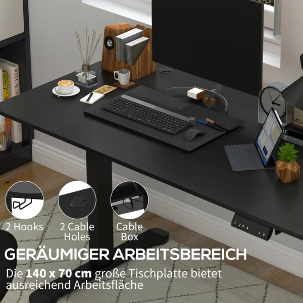 Sta zit bureau, elektrisch, met anti botsing, oververhittingsbeveiliging, opslagopties, 140x70x72 116cm, spaanplaat, zwart 8