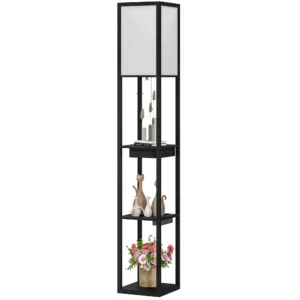 Staande lamp, staande lamp met 3 vakken, e27 fitting, staande lamp met stoffen lampenkap, usb a, usb c aansluitingen voor woonkamer, wit+zwart, excl. gloeilamp 1
