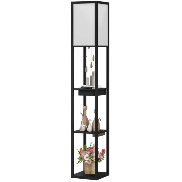 Staande lamp, staande lamp met 3 vakken, e27 fitting, staande lamp met stoffen lampenkap, usb a, usb c aansluitingen voor woonkamer, wit+zwart, excl. gloeilamp 1