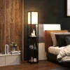 Staande lamp, staande lamp met 3 vakken, e27 fitting, staande lamp met stoffen lampenkap, usb a, usb c aansluitingen voor woonkamer, wit+zwart, excl. gloeilamp 2