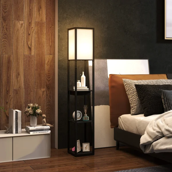 Staande lamp, staande lamp met 3 vakken, e27 fitting, staande lamp met stoffen lampenkap, usb a, usb c aansluitingen voor woonkamer, wit+zwart, excl. gloeilamp 2