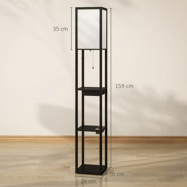 Staande lamp, staande lamp met 3 vakken, e27 fitting, staande lamp met stoffen lampenkap, usb a, usb c aansluitingen voor woonkamer, wit+zwart, excl. gloeilamp 4