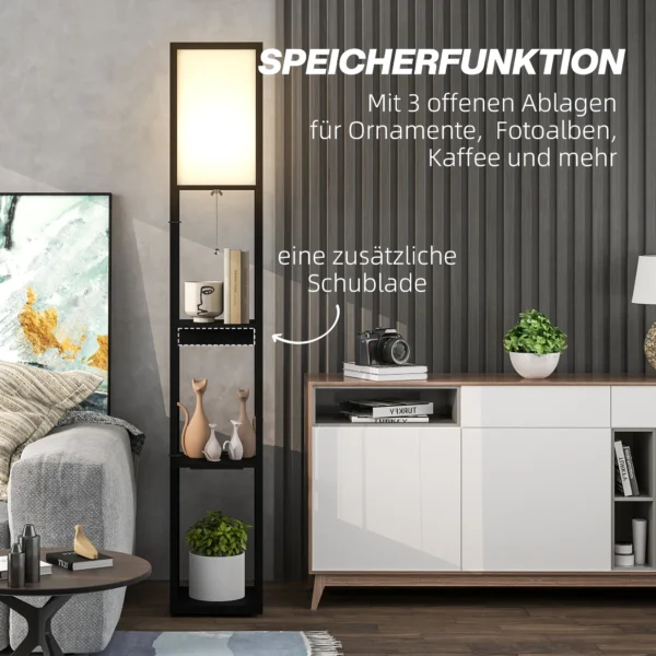 Staande lamp, staande lamp met 3 vakken, e27 fitting, staande lamp met stoffen lampenkap, usb a, usb c aansluitingen voor woonkamer, wit+zwart, excl. gloeilamp 6