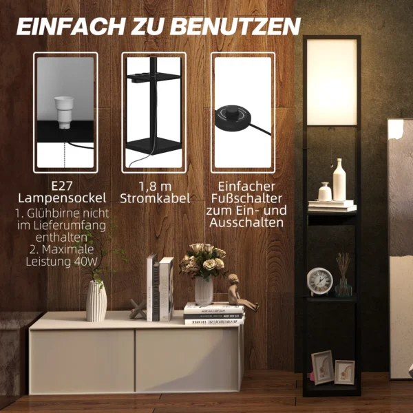 Staande lamp, staande lamp met 3 vakken, e27 fitting, staande lamp met stoffen lampenkap, usb a, usb c aansluitingen voor woonkamer, wit+zwart, excl. gloeilamp 7
