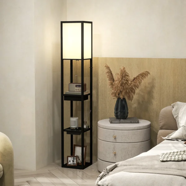 Staande lamp, staande lamp met 3 vakken, e27 fitting, staande lamp met stoffen lampenkap, usb a, usb c aansluitingen voor woonkamer, wit+zwart, excl. gloeilamp 8