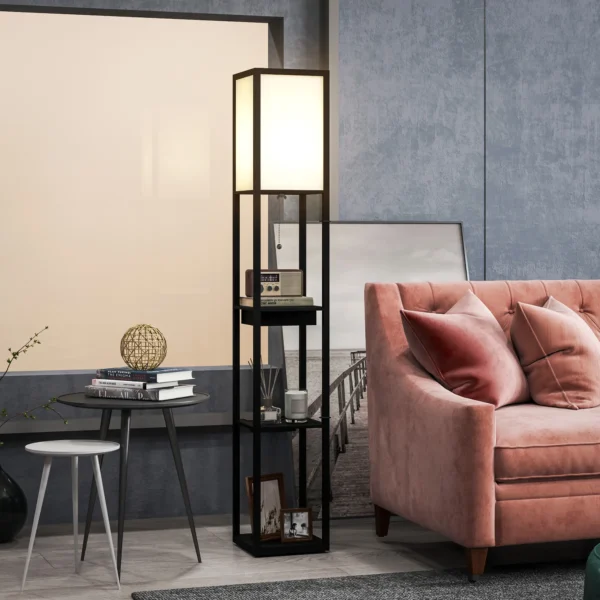 Staande lamp, staande lamp met 3 vakken, e27 fitting, staande lamp met stoffen lampenkap, usb a, usb c aansluitingen voor woonkamer, wit+zwart, excl. gloeilamp 9