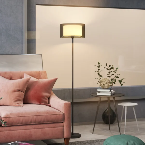 Staande lamp, staande lamp met e27 fitting, tweekleurige lampenkap van stof, staande lamp met voetschakelaar staande lamp voor woonkamer, slaapkamer, exclusief lichtbron, zwart 10