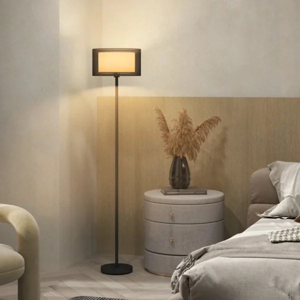 Staande lamp, staande lamp met e27 fitting, tweekleurige lampenkap van stof, staande lamp met voetschakelaar staande lamp voor woonkamer, slaapkamer, exclusief lichtbron, zwart 9