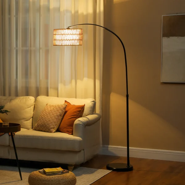 Staande lamp woonkamer staande lamp met linnen lampenkap, staande lamp met e27 fitting, voetschakelaar, verstelbare hoogte booglamp voor slaapkamer, zwart, excl. gloeilamp 2