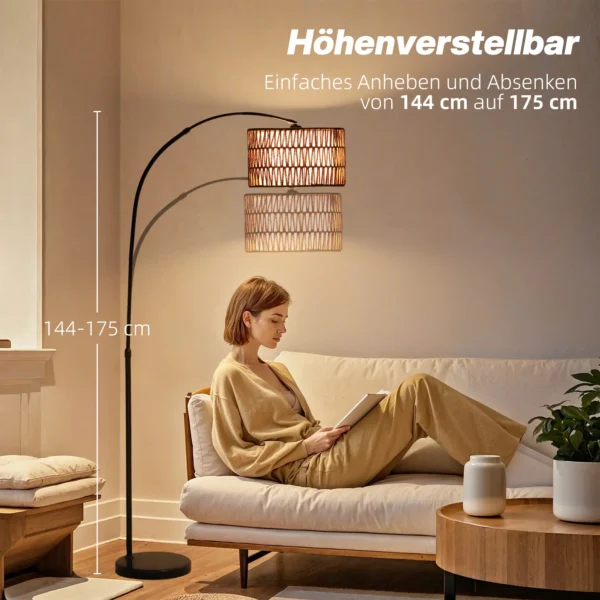 Staande lamp woonkamer staande lamp met linnen lampenkap, staande lamp met e27 fitting, voetschakelaar, verstelbare hoogte booglamp voor slaapkamer, zwart, excl. gloeilamp 6