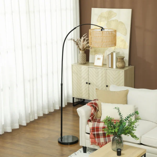 Staande lamp woonkamer staande lamp met linnen lampenkap, staande lamp met e27 fitting, voetschakelaar, verstelbare hoogte booglamp voor slaapkamer, zwart, excl. gloeilamp 8