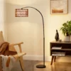 Staande lamp woonkamer staande lamp met linnen lampenkap, staande lamp met e27 fitting, voetschakelaar, verstelbare hoogte booglamp voor slaapkamer, zwart, excl. gloeilamp 9