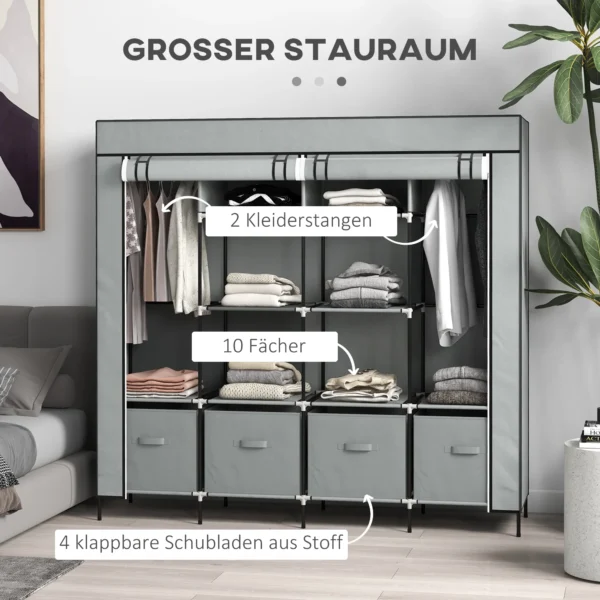 Stoffenkast kledingkast met kledingstang 10 vakken 4 lades garderobe vlies look donkergrijs voor slaapkamer & gang 5