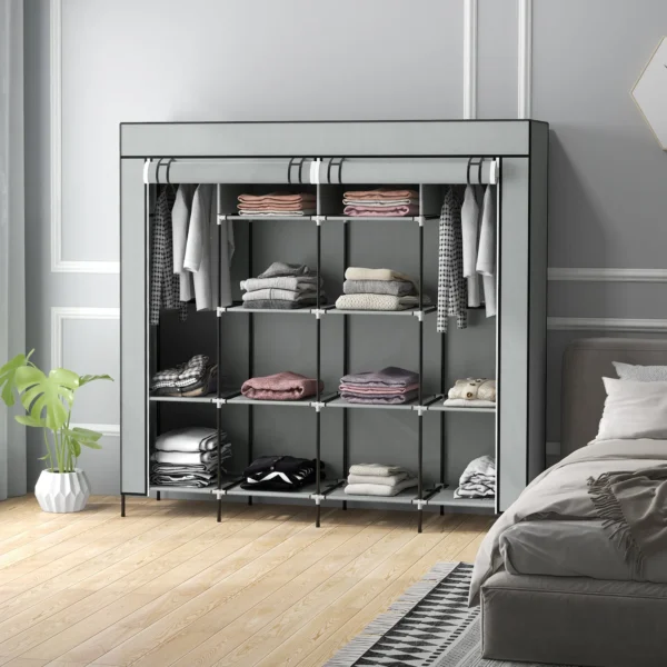 Stoffenkast kledingkast met kledingstang 10 vakken 4 lades garderobe vlies look donkergrijs voor slaapkamer & gang 7