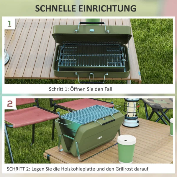 Tafelbarbecue houtskoolgrill met kolenbak, grillrooster en handvat voor picknick en tuin roestvrij staal groen 6