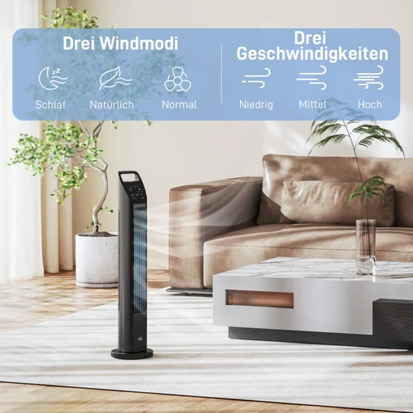 Torenventilator, staande ventilator met 3 modi, afstandsbediening, 50w ventilator met 4h timer, 75° oscillatie, voor slaapkamer, zwart 5