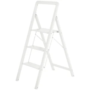 Trapladder staande ladder met 3 treden anti slip opvouwbare trede met handvat tot 150 kg belastbaar lichtgewicht aluminium ladder 66,3 x 41,5 x 104,6 cm wit 1