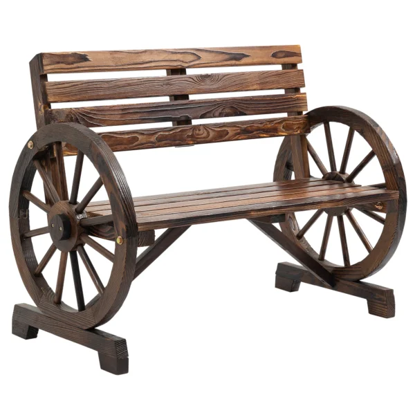 Tuinbank 2 zits houten bank met wagenwiel armleuningen in landhuisstijl, sparrenhout, bruin, 105,5x56x79cm 1