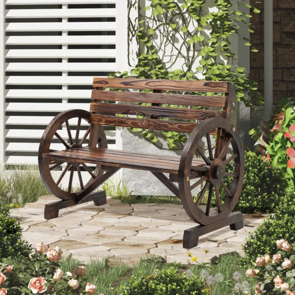 Tuinbank 2 zits houten bank met wagenwiel armleuningen in landhuisstijl, sparrenhout, bruin, 105,5x56x79cm 2