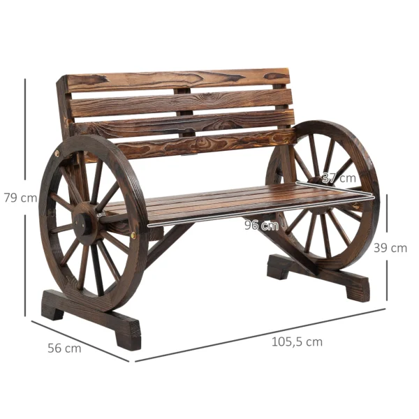 Tuinbank 2 zits houten bank met wagenwiel armleuningen in landhuisstijl, sparrenhout, bruin, 105,5x56x79cm 4