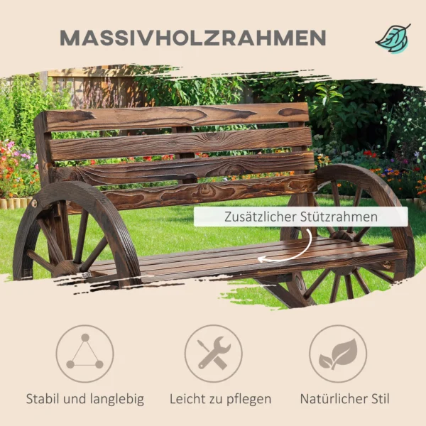 Tuinbank 2 zits houten bank met wagenwiel armleuningen in landhuisstijl, sparrenhout, bruin, 105,5x56x79cm 5