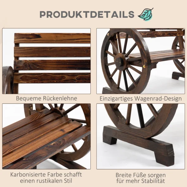 Tuinbank 2 zits houten bank met wagenwiel armleuningen in landhuisstijl, sparrenhout, bruin, 105,5x56x79cm 6