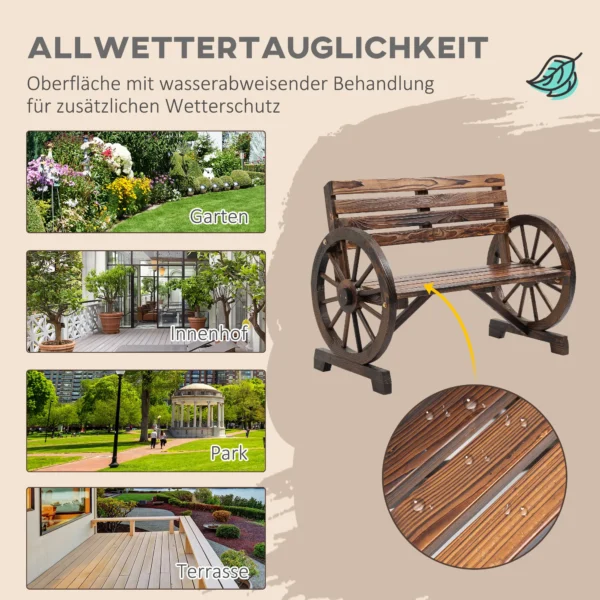 Tuinbank 2 zits houten bank met wagenwiel armleuningen in landhuisstijl, sparrenhout, bruin, 105,5x56x79cm 7