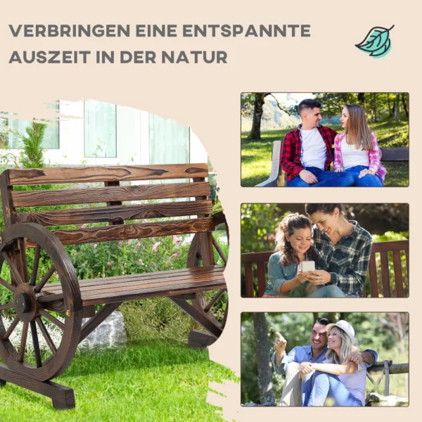 Tuinbank 2 zits houten bank met wagenwiel armleuningen in landhuisstijl, sparrenhout, bruin, 105,5x56x79cm 8