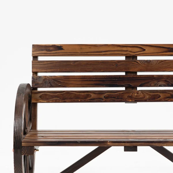 Tuinbank 2 zits houten bank met wagenwiel armleuningen in landhuisstijl, sparrenhout, bruin, 105,5x56x79cm 9